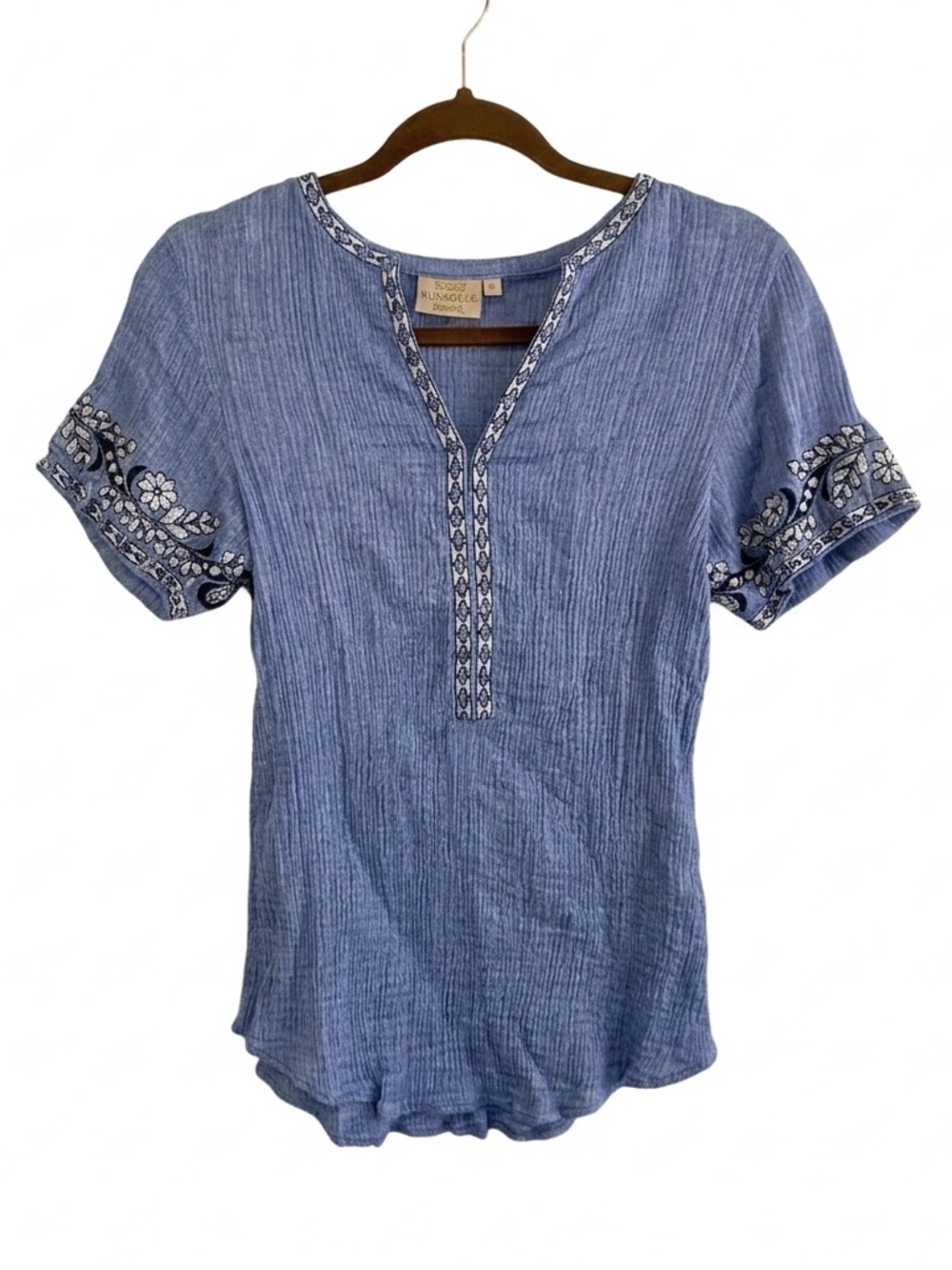 Rungolee Blue Crinkle Cotton Gauze Embroidered Boho Split Neck Top Small